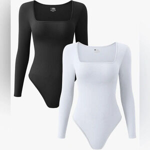 OQQ Women's 2 Piece Bodysuits Sexy Ribbed Square Neck Long Sleeve Bodysuits